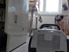 Sexy MILF, hairy pussy, big ass, vacuum cleaner in empty house. Latina with big hairy tits.