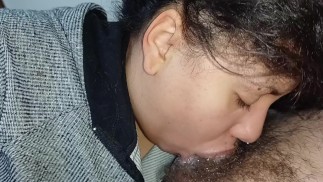 horny slut with a hard cock, swallows deep, sticking it in her throat making the cuckold moan