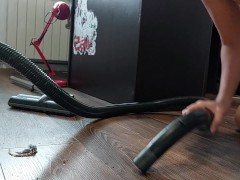Sexy MILF, hairy pussy, big ass, vacuum cleaner in empty house. Latina with big tits
