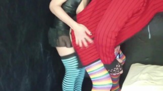 Crossdresser and brunette, strap-on and ejaculation on the buttocks