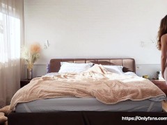 Cleaning the bed by a sexy babe in a transparent dress without panties * Amy Haze