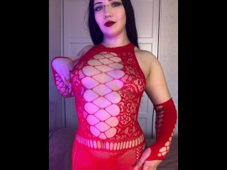 Hot Slutty Brunette in Red Body Fishnet