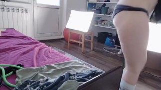 Sexy MILF, hairy pussy, big ass, vacuum cleaner in naked house. Latina with big hairy tits.