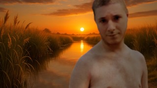 После холодного купания в реке: Мощная конча после 20 минут мастурбации! (закат)