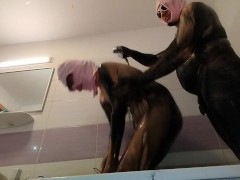 Amateur couple taking bath, hairy pussy wife, big ass, big tits.