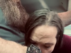 Bearded daddy getting sucked off while driving to church