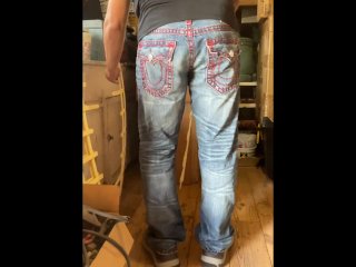 Urgent full bladder workshop public outside piss ( big piss puddle after desperate piss)