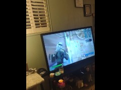 Step mom lifts up her minidress and spreads her legs and plays Fortnite