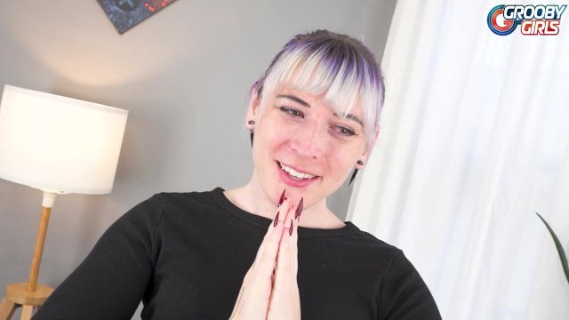 GROOBYGIRLS - Blonde Tgirl with pink nipples masturbates her ass