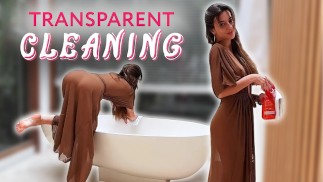 Cleaning Bathroom with Sexy Brunette in Transparent Robe without Underwear * Amy Haze