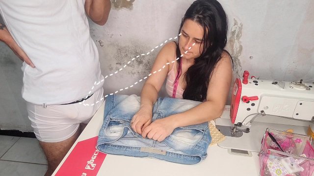 Seamstress observes client's erection