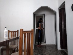 Perverted stepfather masturbates while watching her in the bathroom