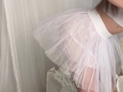 yoga and cleaning in short transparent skirt