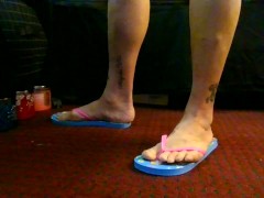 Flip Flop Fetish Blue Candy Covered Flipflops Slim Pink Strap Standing Shoeplaying