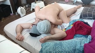 Amateur couple crazy sex in the bedroom. Hot foreplay with a couple, oil massage on the body.