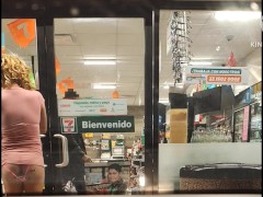 Sissy goes shopping with a dildo in her anus and her buttocks in plain sight