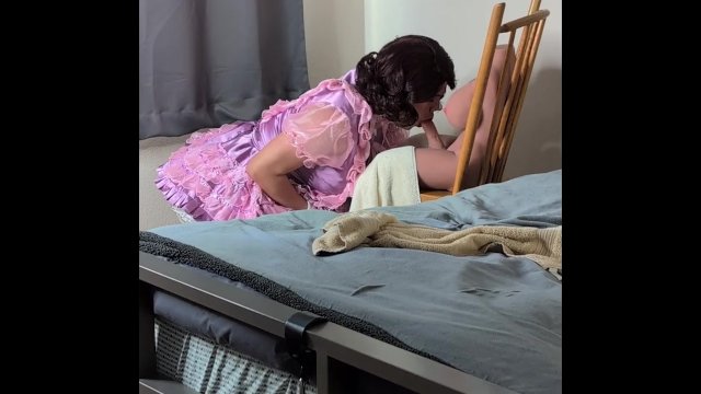 Pink sissy maid gets caught playing with her doll and made to have a sissygasm