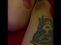 Slutty squirting girlfriend gives footjob with black nails