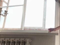 girl cleaning in a transparent dress and  without panties