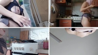 Hairy brunette pussy, big tits, sensual hairy woman in the kitchen. Sexy milf, hairy pussy, big ass,