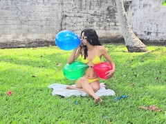 Sit to burst rubber balloons in the garden(Full video on C4S / MV / OF / Membersite)