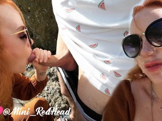 Wild beach walk with blowjob and cum on face and glasses