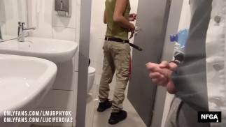 Hung black stud fucks the wet, gaping ass of a bi muscle dude in a filthy public toilet