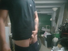 solo guy strips and has fun in the garage