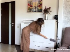 Seductive Brunette Amy Haze House Cleaning in a See-Through Robe, No Underwear
