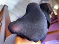 Black nylon, arch of foot and barely covered teasing ass… But your eyes only at my feet!