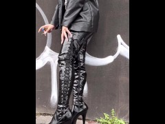 Smoking fetish walk with pvc pleaser boots and leather Miss Sandra D