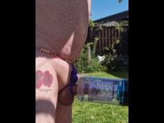 boyfrend plays outside in garden with his wicked willy machine