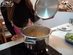 Cooking Vegan Green Curry in Booty Shorts