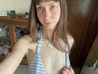 Flat Green Eyed Girl Blows you Kisses whilst Showing Tits