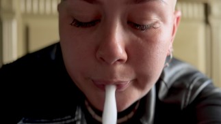 Bald head girl Vilu Vidish Spits Cum on the lens cam