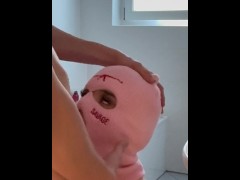 Masked Slut in Pink Gives Wet Bathroom BJ