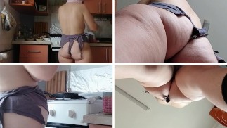 Amateur wife prepares breakfast naked, hairy pussy, big tits.