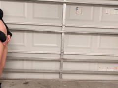 Hot college girl pees standing up in the garage at a party. Look how far she pissed