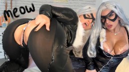 Black Cat cosplay latex outfit nilalaro ang dalawang laruan BBC AT MALASWANG PAKIKIPAG-USAP
