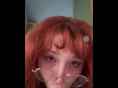 Redhead moans and gags on huge cock and deepthroats in van in public