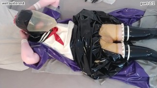 Breath play masturbation in latex layers, robe, schoolgirl sailor uniform, rubber skirt, stockings