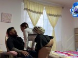 I’m alone with my sister’s busty friend. We fuck without a condom, and I cum inside her.
