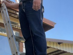 Working on roof , I had to take a desperate public piss while climbing latter to go up the roof