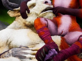 Minotaur Fuck Furry Foxy Girl and Tiger Girl in the Rain - Romantic Fun