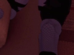 Arriving home: The giantess sits on her roommate