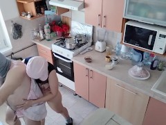 Amateur couple having fun in the kitchen. Amateur wife with hairy pussy, big tits, big nipples, big