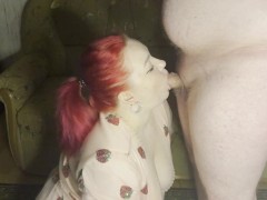 A cute girl greedily sucks a dick and kisses her stomach, for which she gets cum in her face