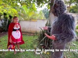 Little Red Riding Hood lost a fruit from her basket and is looking for it in the wolf’s pants.