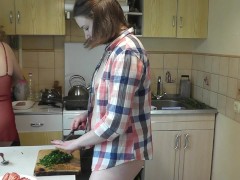 Two girls Sexy blonde Milf and beautiful brunette girl naked in kitchen without panties. Tits Ass