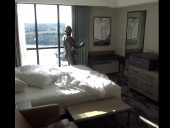 double cocked orca jerks off  and cums into used condom at hotel window